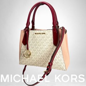 MICHAEL KORS Kimberly Mulberry/Vanilla/Pink Signature Satchel -Great Condition!